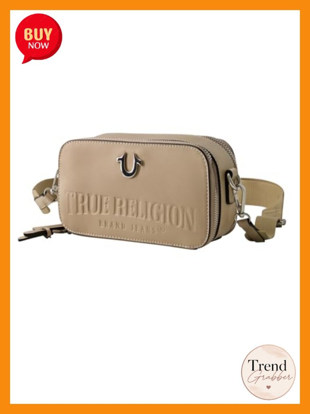 Faux Leather Camera Crossbody Bag with Embossed Logo and Adjustable Strap
